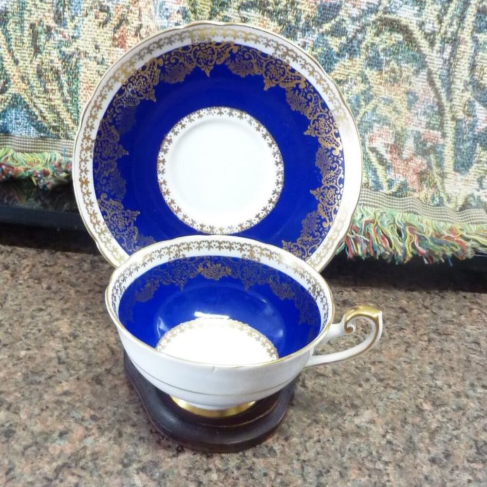 Vintage Shelley teacup and saucer cobalt blue & gold England Bone China
